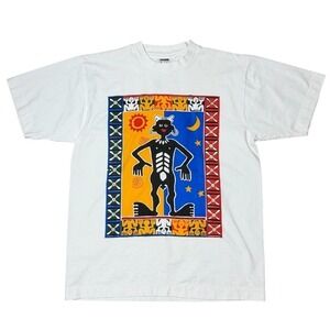 Vintage 90s Primitive Bali Tribal Art Haring Graphic Travel Souvenir T-Shirt